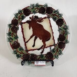 Peggy Karr Glass Lodge Moose Plate, 7 1/2" Moose Center, Pine Cones, No Trim